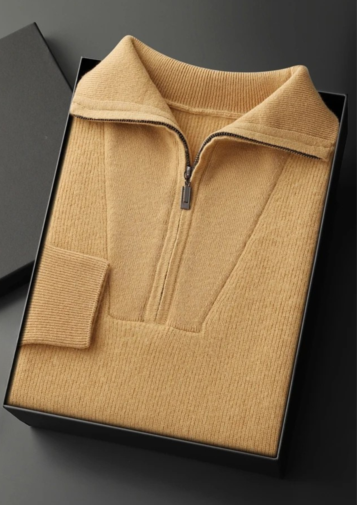 PREMIUM CASHMERE RIBBED HALF-ZIP SWEATER