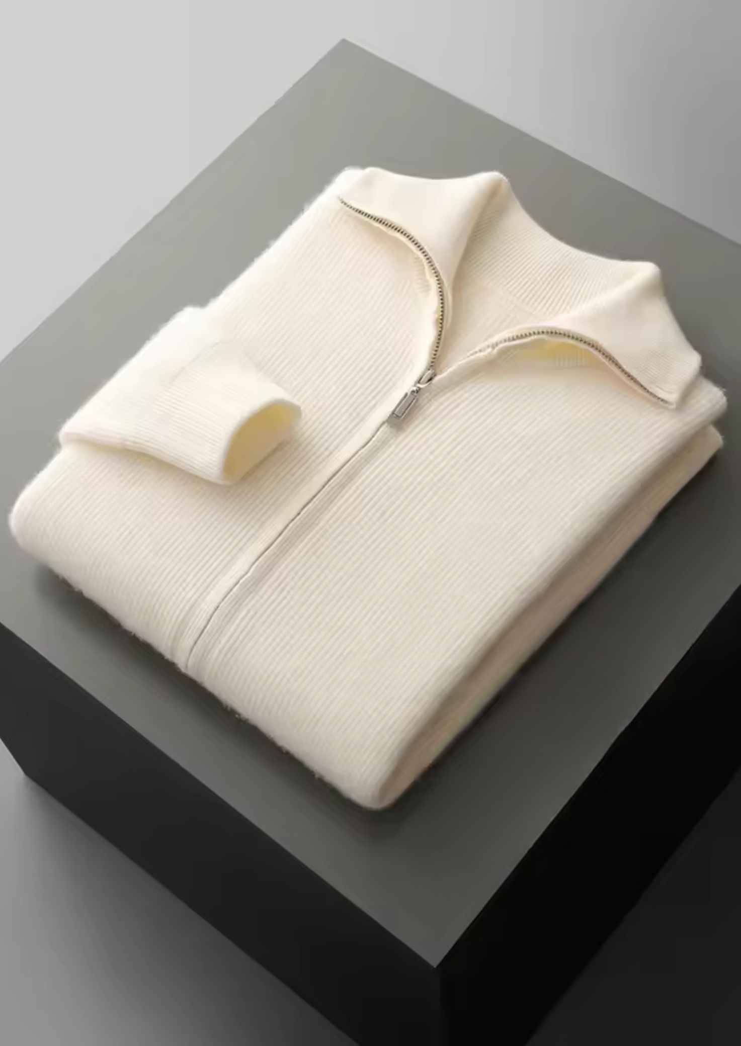 PURE EXTRA-FINE MERINO WOOL RIBBED ZIPPER CARDIGAN