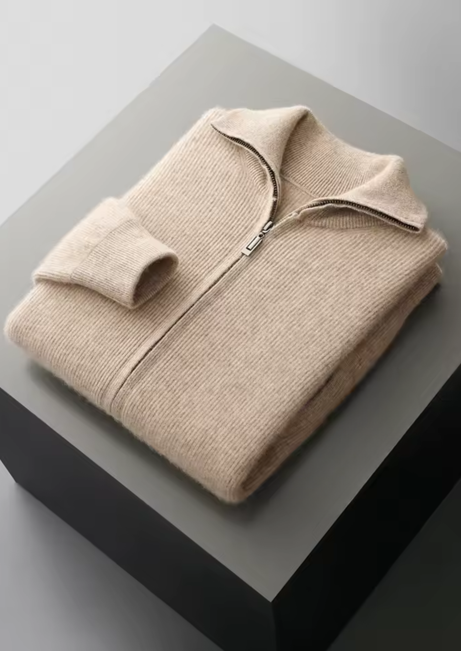 PURE EXTRA-FINE MERINO WOOL RIBBED ZIPPER CARDIGAN