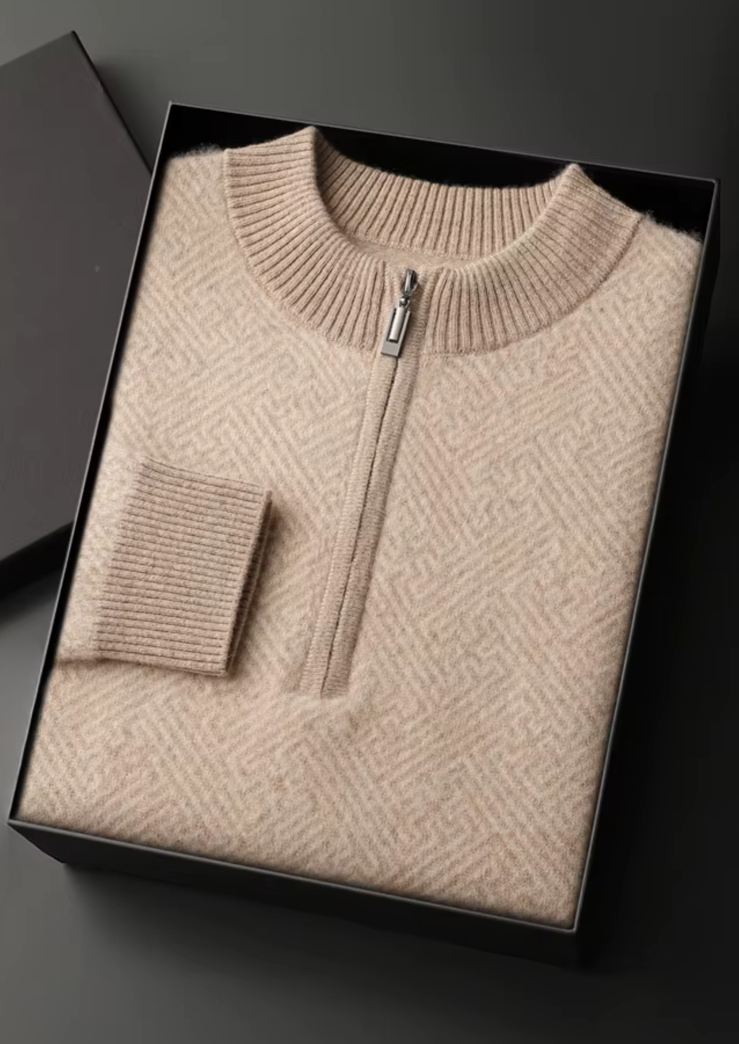 PREMIUM CASHMERE PATTERNED HALF-ZIP SWEATER