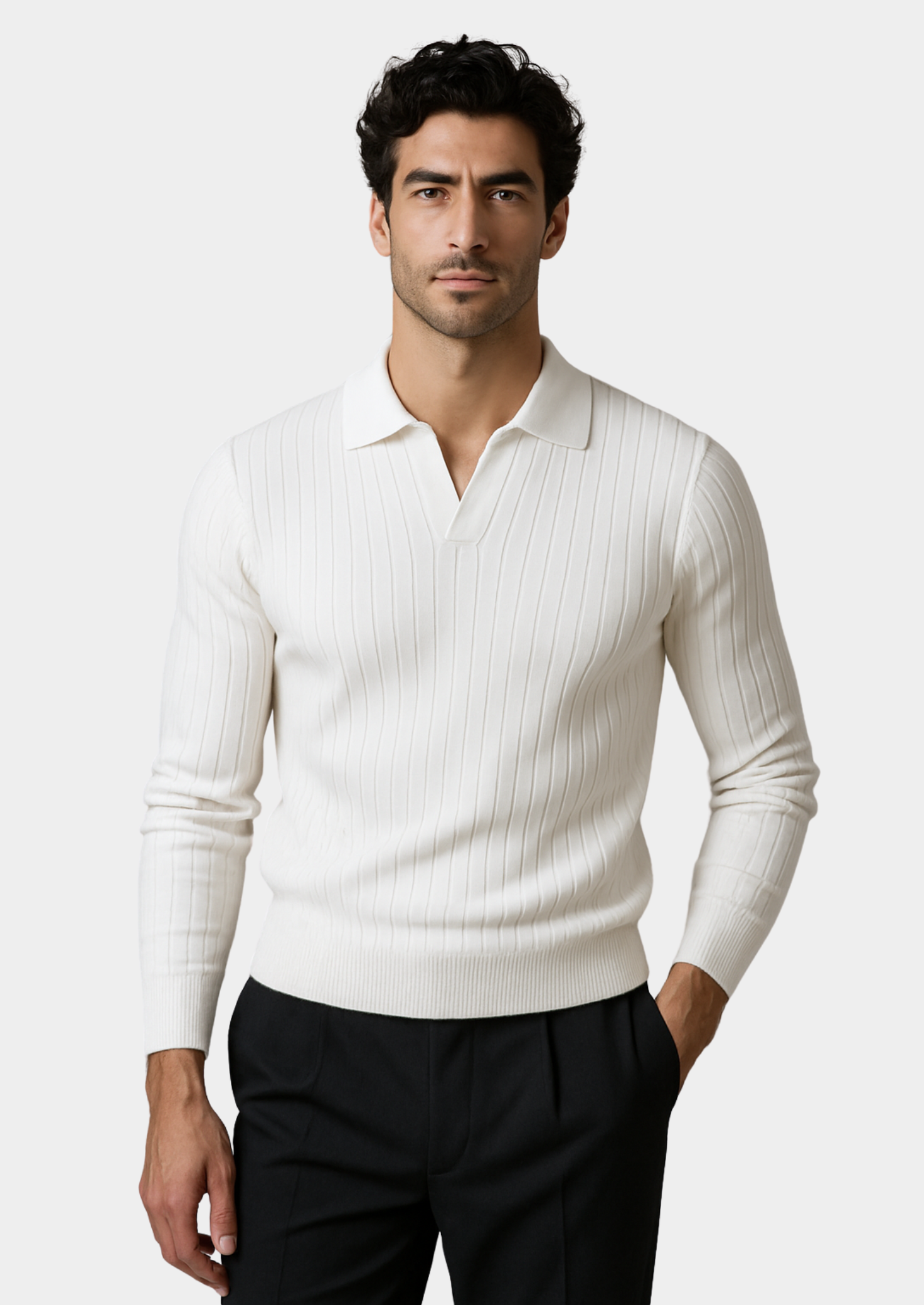 WHITE BUTTONLESS RIBBED POLO