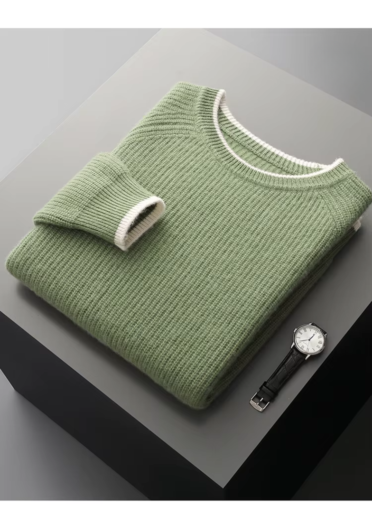 PURE EXTRA-FINE MERINO WOOL TWO TONE CREWNECK