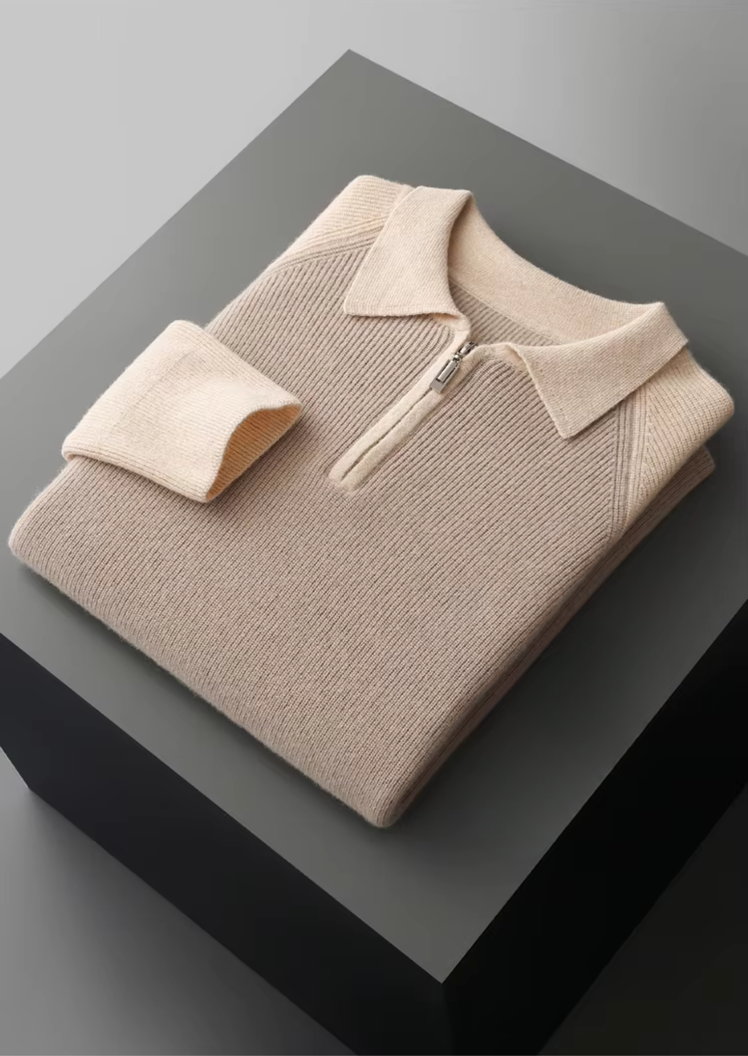 PURE EXTRA-FINE MERINO WOOL TWO TONE ZIPPER SWEATER POLO